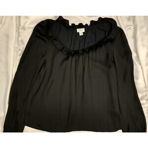 J Crew Woman Satin Black Blouse Shirt Top With Ruffled  Scoop Neck Small